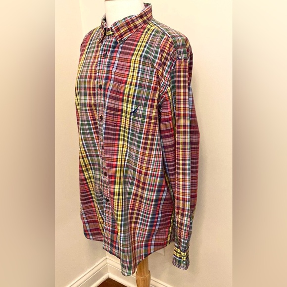 Nautica Men’s Red Green Yellow Plaid Long Sleeve Button Down Cotton Shirt SZ XL - Picture 7 of 13